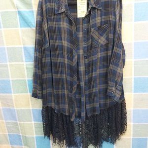 Terra & Sky Blue Plaid Button Down Shirt with Black Lace